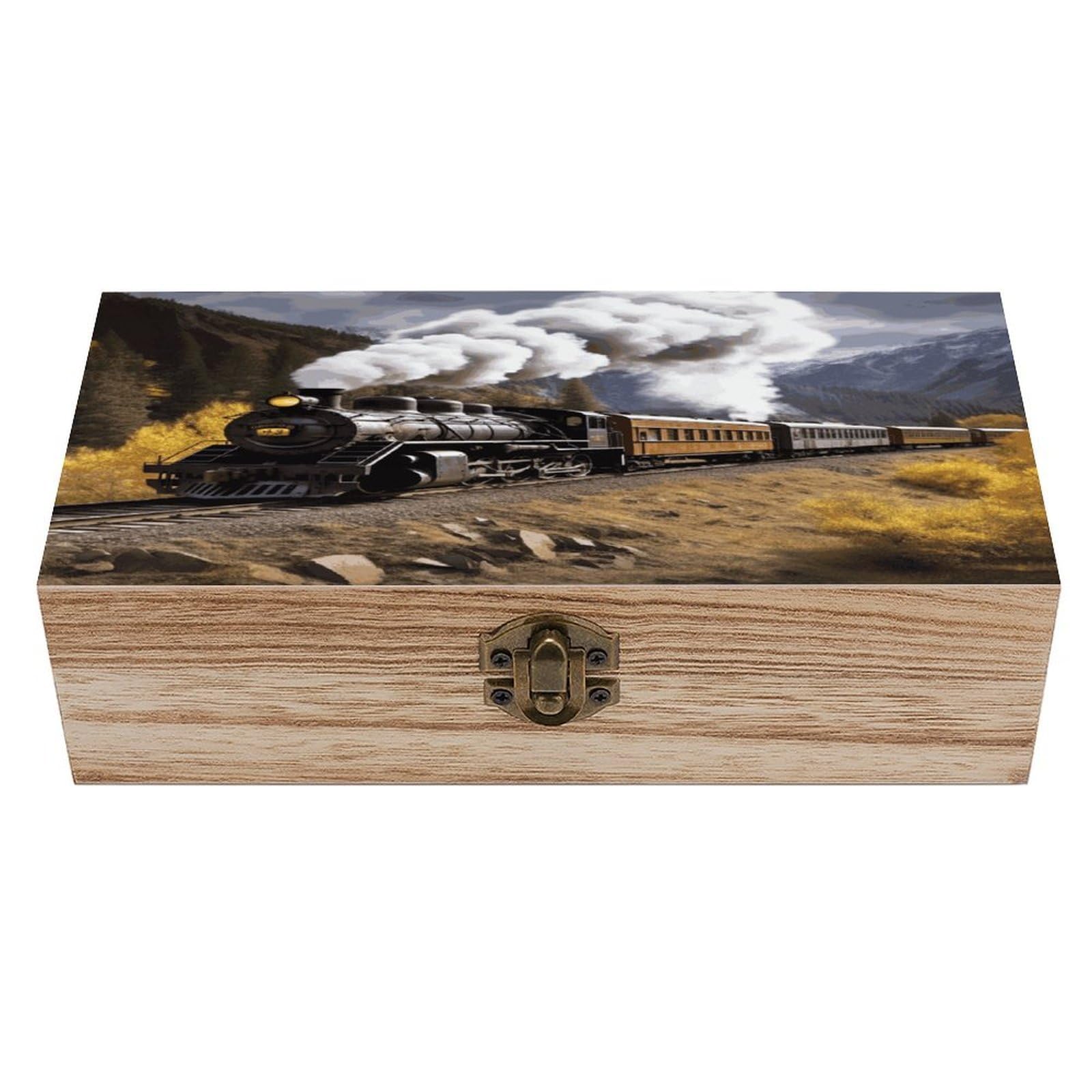 JTREHY Steam Locomotive Train Wooden Keepsake Box Vintage-Style Wood Keepsake Case with Hinged Lid Solid Wood Boxes Beautifully Memory Treasure Case Vintage-Style Wooden Storage Box