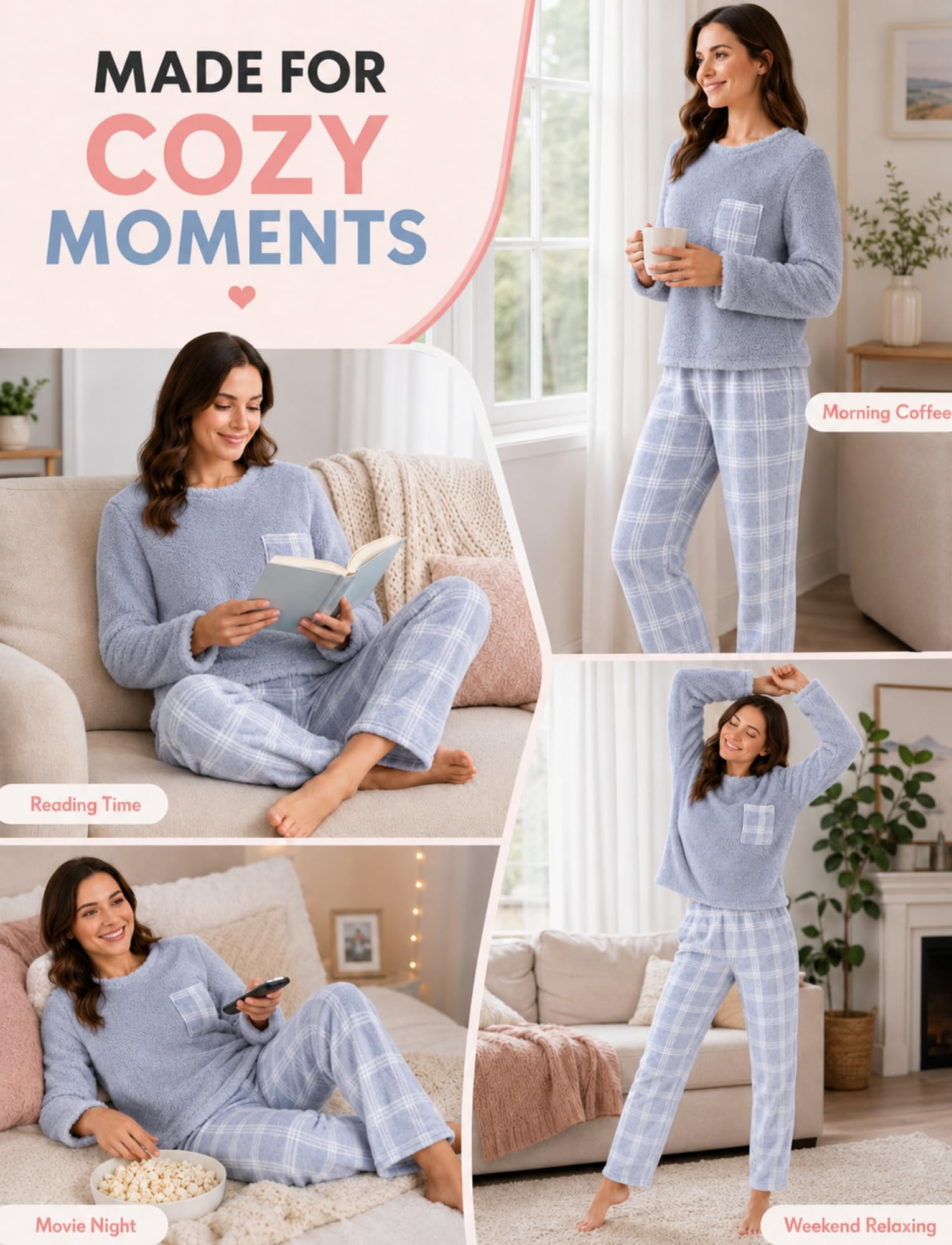 Conjunto de pijama de franela para mujer, diseño a cuadros, holgado, pijama cálido