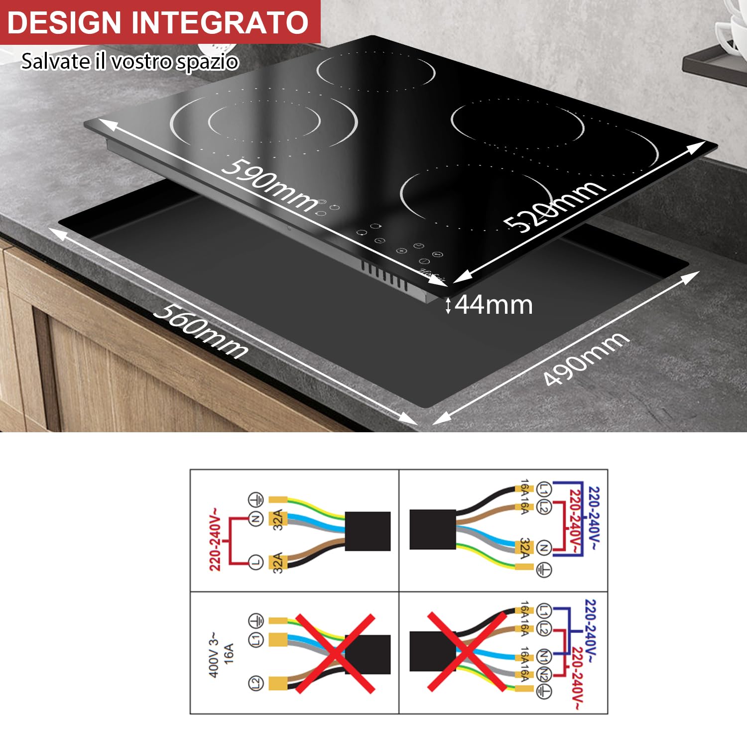 Hobsir Piano Cottura Vetroceramica 4 Fuochi 6000w-con Dual Zone, Piano Cottura Elettrico 6600W, Piastra in Vetroceramica da incasso 59CM, Timer, Blocco di Sicurezza, Controllo Touch