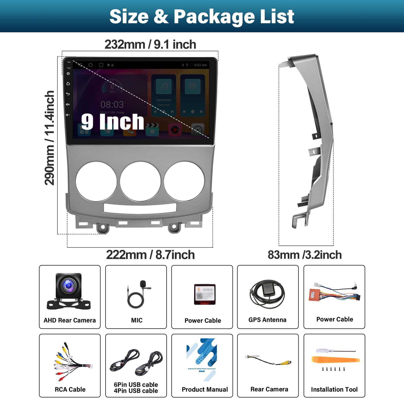 SIXTOP 2G+64G Android Radio de Coche para Mazda 5 2007 2008 2009 2010 con Carplay Android Auto Pantalla Radio Coche 9 Pulgadas con WiFi/GPS/Bluetooth/FM RDS/Mirror Link/EQ/SWC/Cámara Trasera Coche