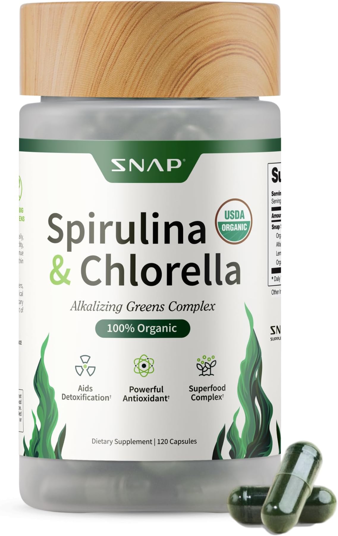 USDA Organic Chlorella Spirulina Capsules | Green Superfoods for Heart Support, Natural Energy & Glucose Control | Plant Vitamins & Powerful Antioxidants | 120 Capsules