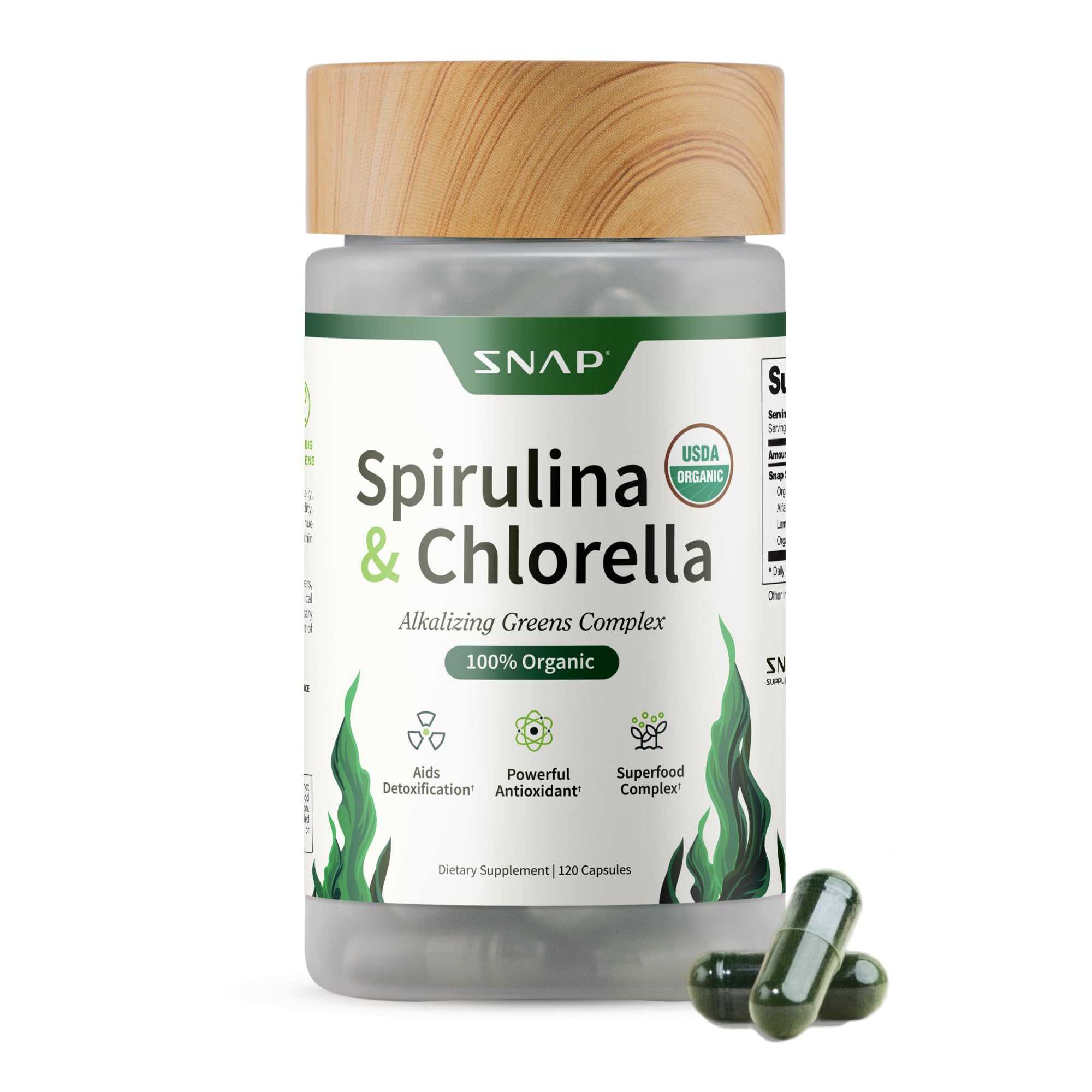 Snap Supplements Organic Spirulina and Chlorella - Protein Rich Blue Green Algae Superfood Supplement for Energy and Immune Support, 120 Vegetarian Capsules (30 Servings, 1 Month Supply)USDA Organic