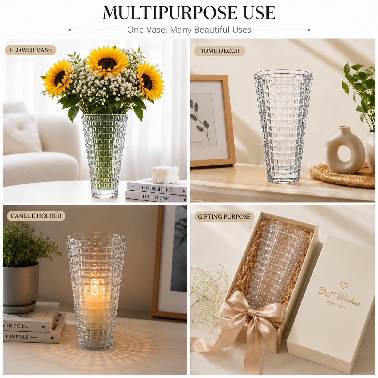 Pure Source India Premium Textured Glass Flower Vase 7 Inch Clear Decorative Vase, Modern Check Pattern Table Vase for Living Room, Dining Table, Office & Gift 2