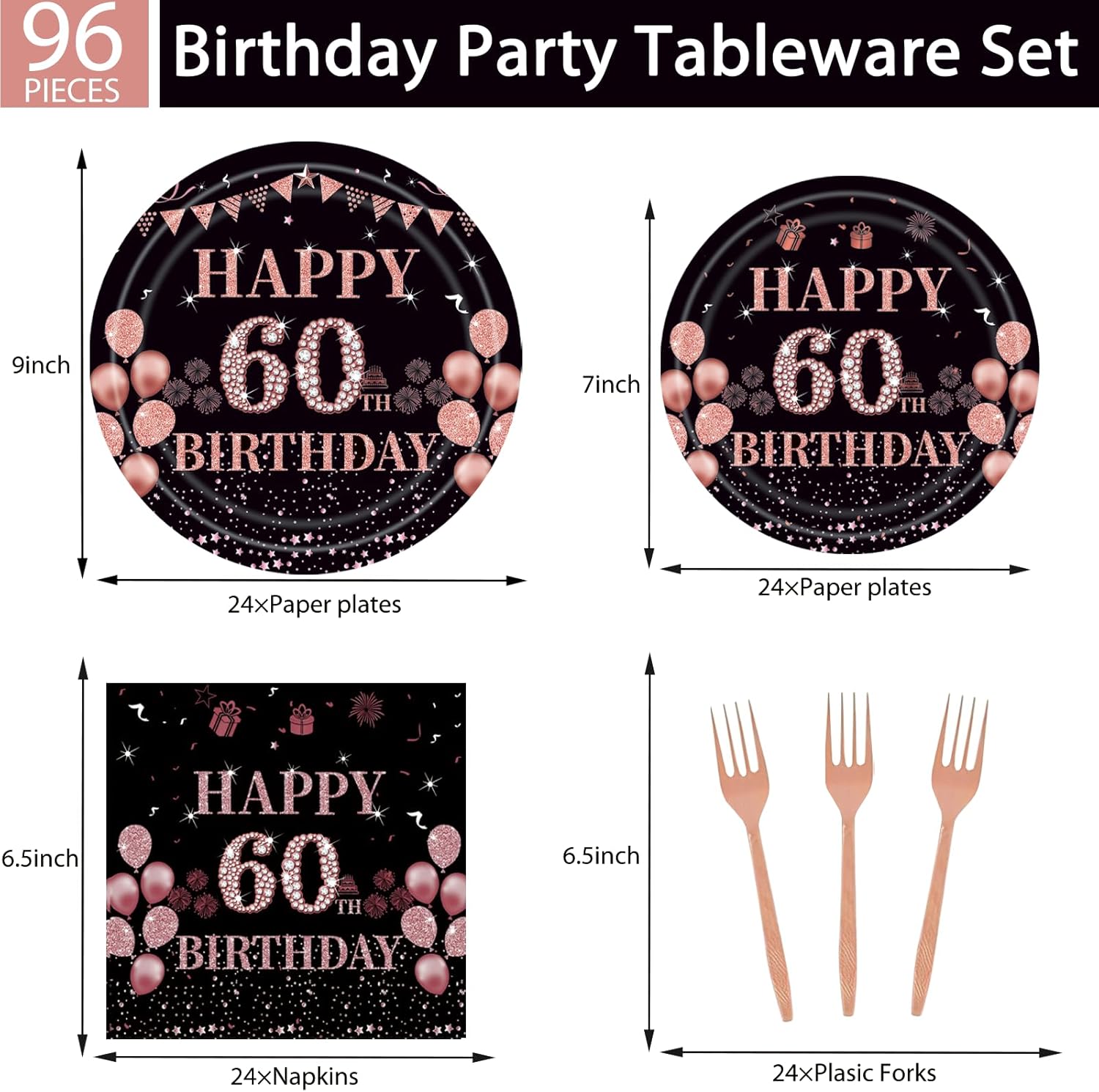 96Pcs 60th Rose Gold Birthday Party Supplies Include Birthday Plates and Napkins Forks 60 Years Old Birthday Decorations for Women 60th Birthday Disposable Party Favors Serves 24 Guests - Image 2