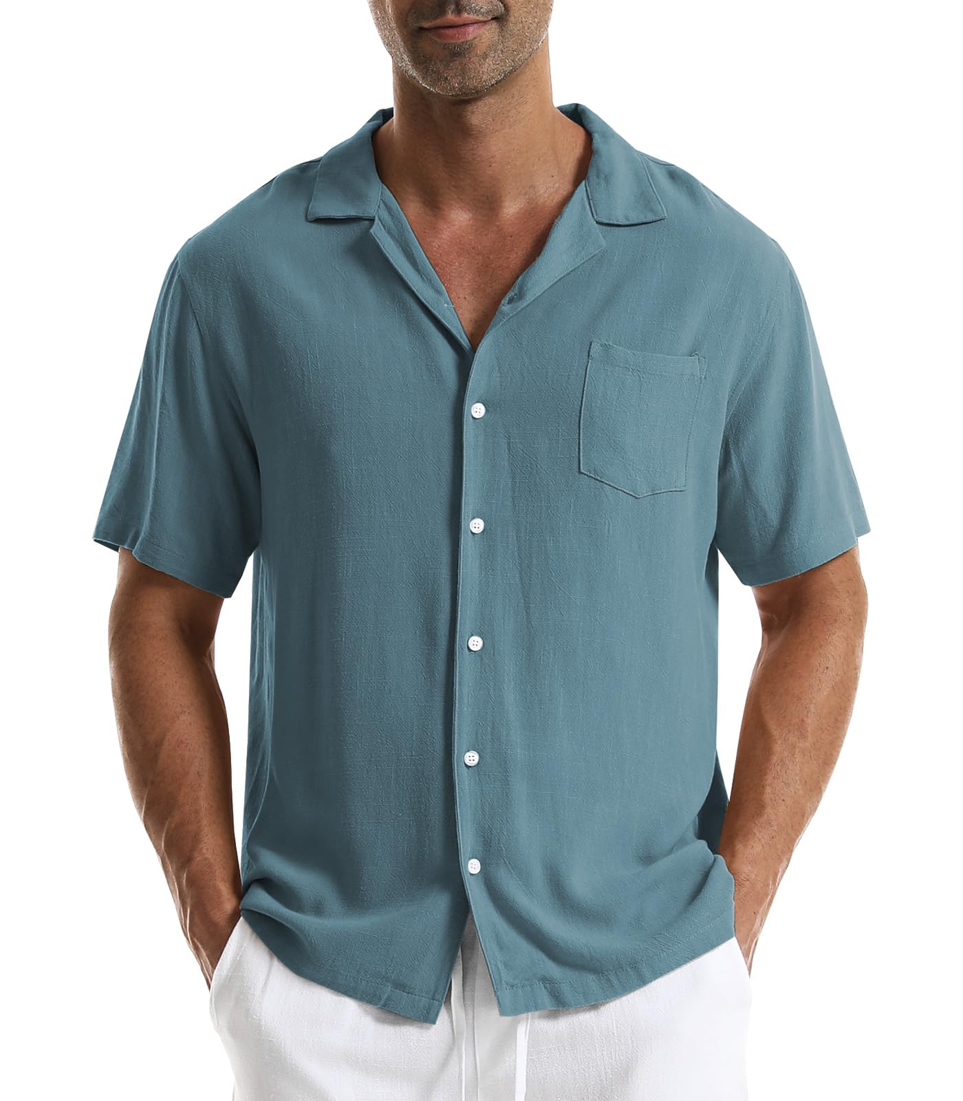 Zetieny Camisa Lino Hombre Camisas de Manga Corta con Botones Henley Shirts de Playa Informal con Bolsillos