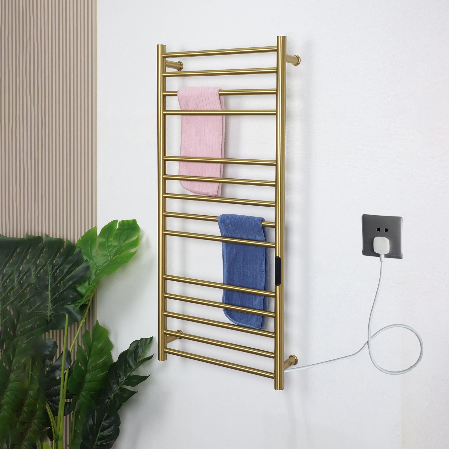 Luxury 14 Bars Towel Warmer Rack, Wall Mounted Heated Towel Rack with Timer & Temperature Control, Electric Gold Towel Warmers for Bathroom (14 Bars
