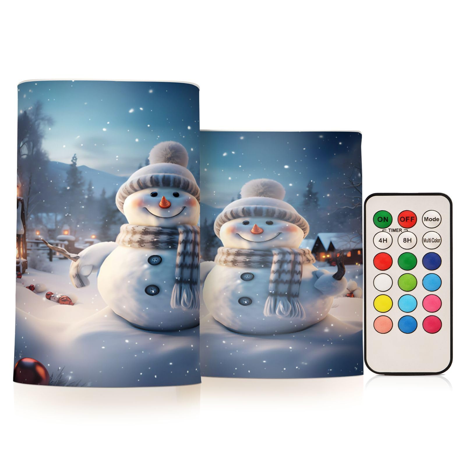 Flickering Flameless Candles Christmas Snowman in Snowy LED Candles with Remote Timer Set of 2 Battery Operated Candle Home Decoration