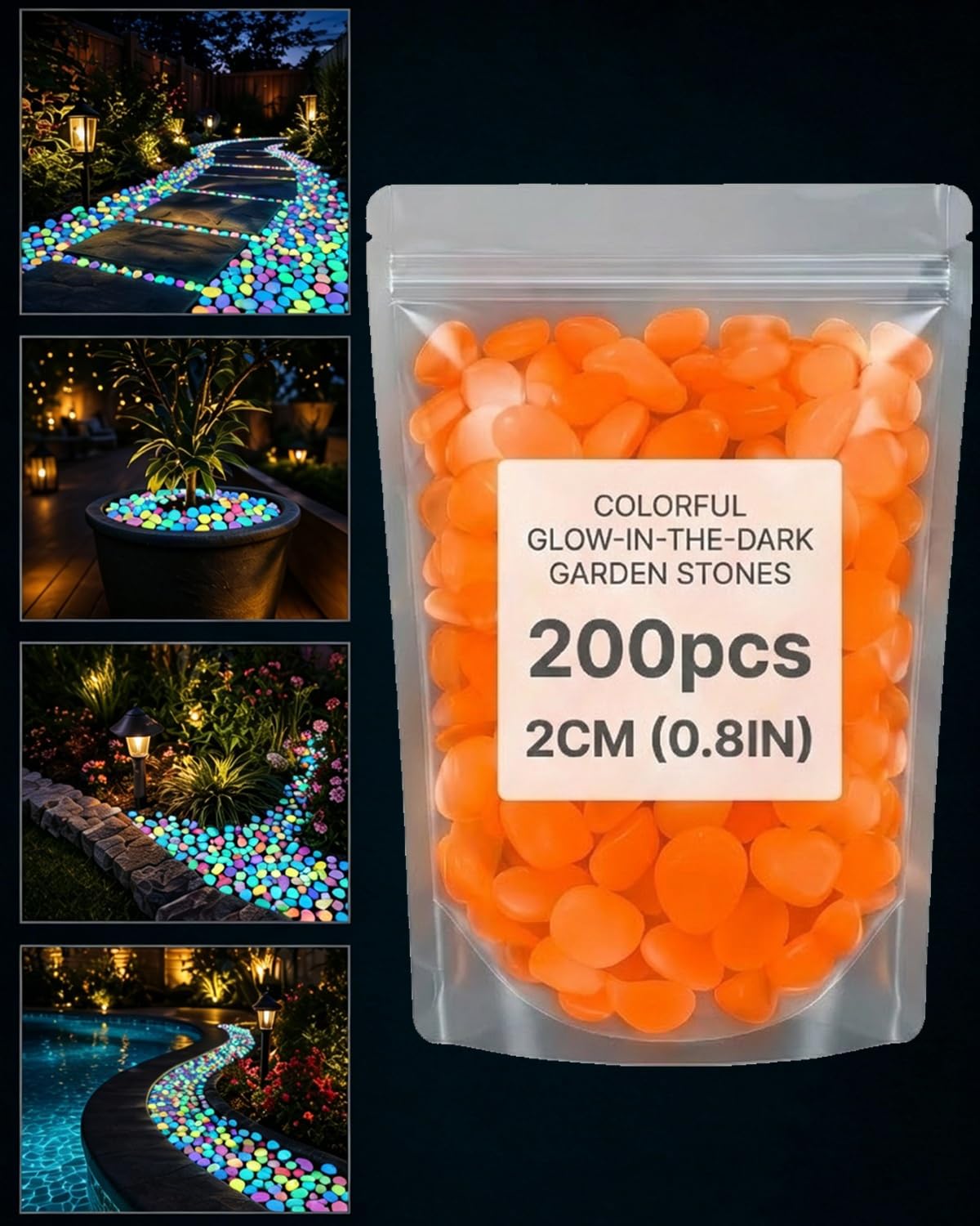 Colorful Glow in the Dark Garden Stones Outdoor Night Fruity Solar Guide Pebbles Magical Luminous Protein Powder Rocks Landscaping Gravel Fish Tank Aquarium Stepping Yard Decor(Orange,600pcs)