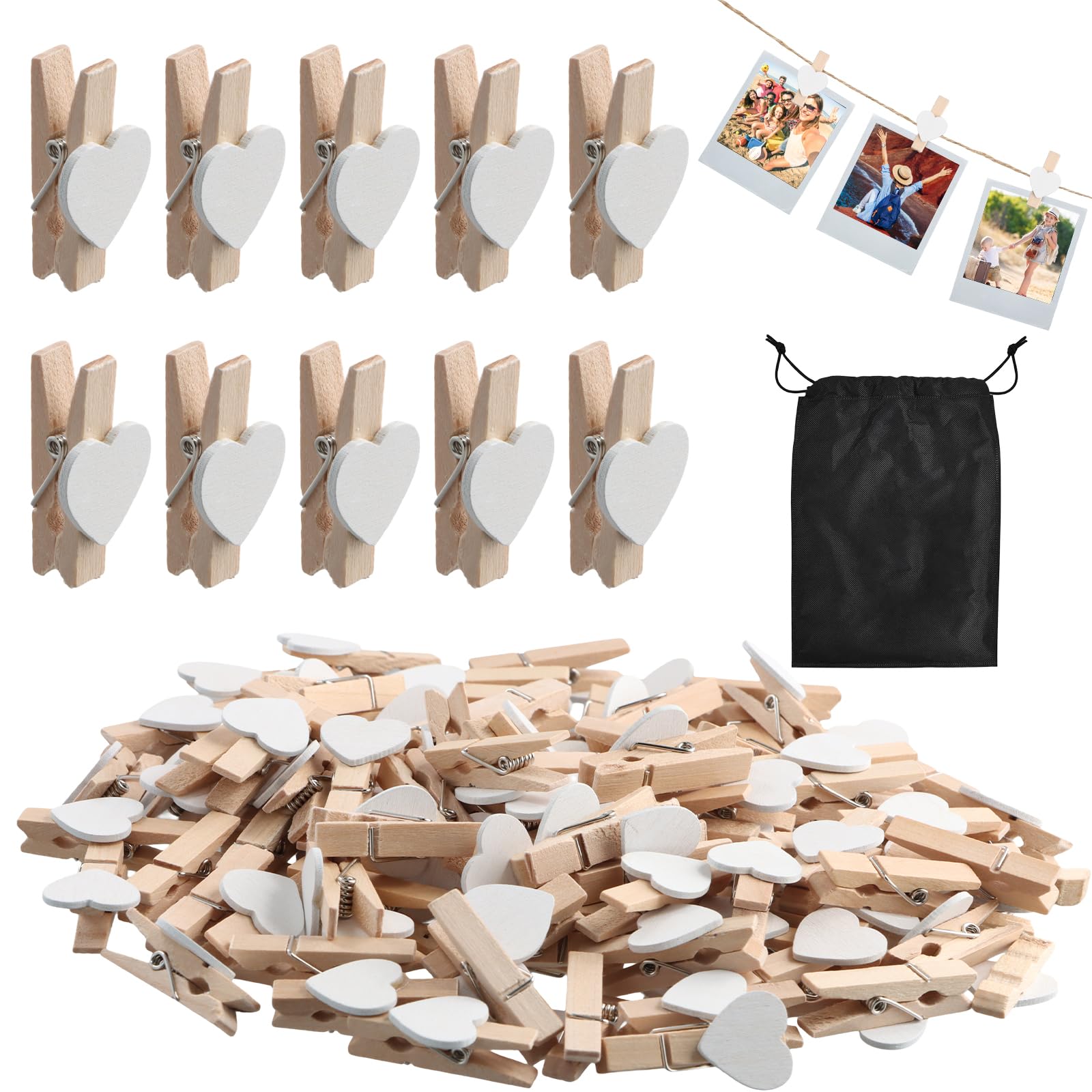 100 Pcs Mini Wooden Heart Pegs, 3.5 cm White Photo Display Clips, Small Craft Clothespins, for Wedding Card Picture Hanging, Party Decor, DIY Projects