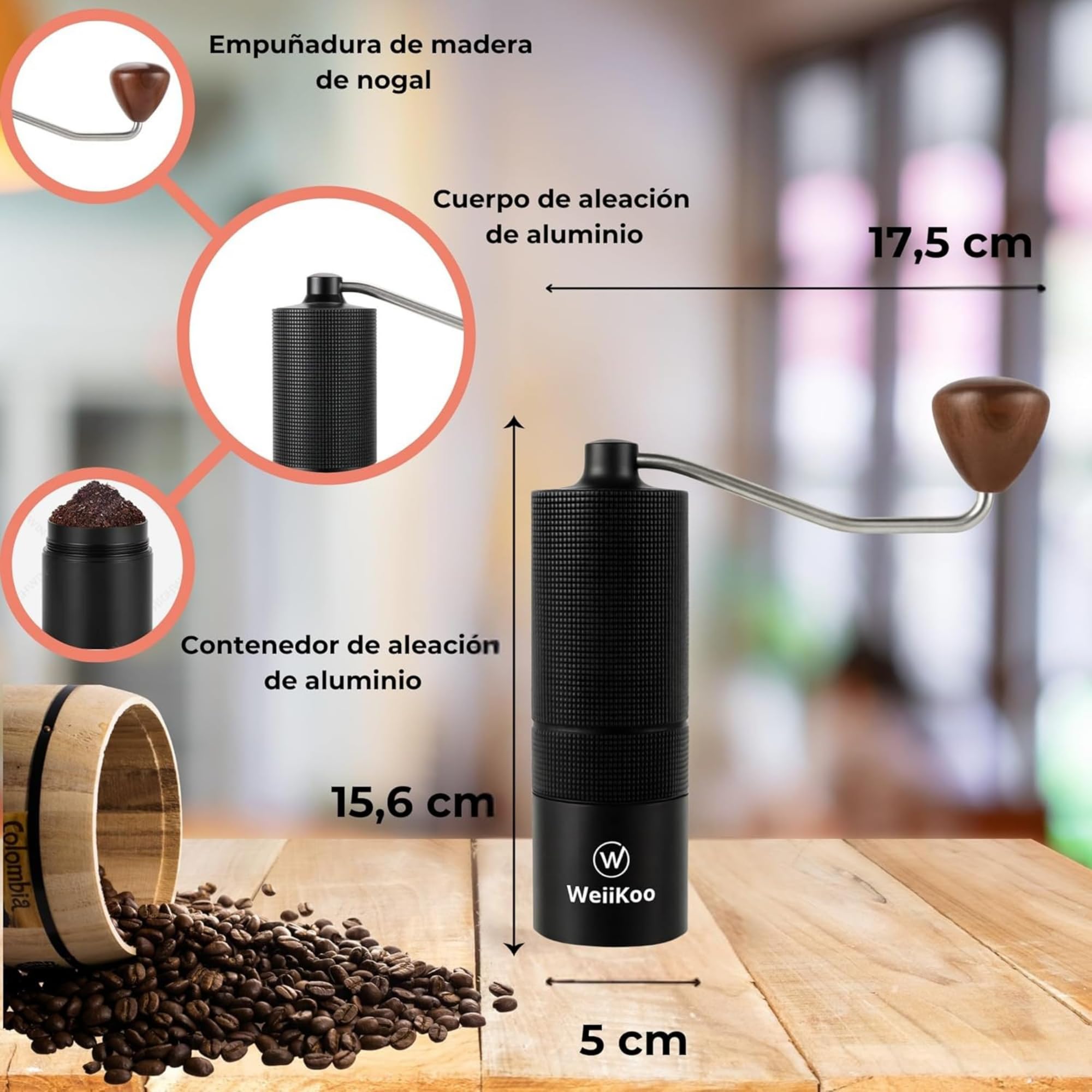 Molinillo Cafe Manual 25 g, Muelas Cónicas Hexagonales de Acero Inoxidable, Molienda Ajustable para Espresso, Moka y Prensa Francesa, Aluminio Anodizado y Nogal