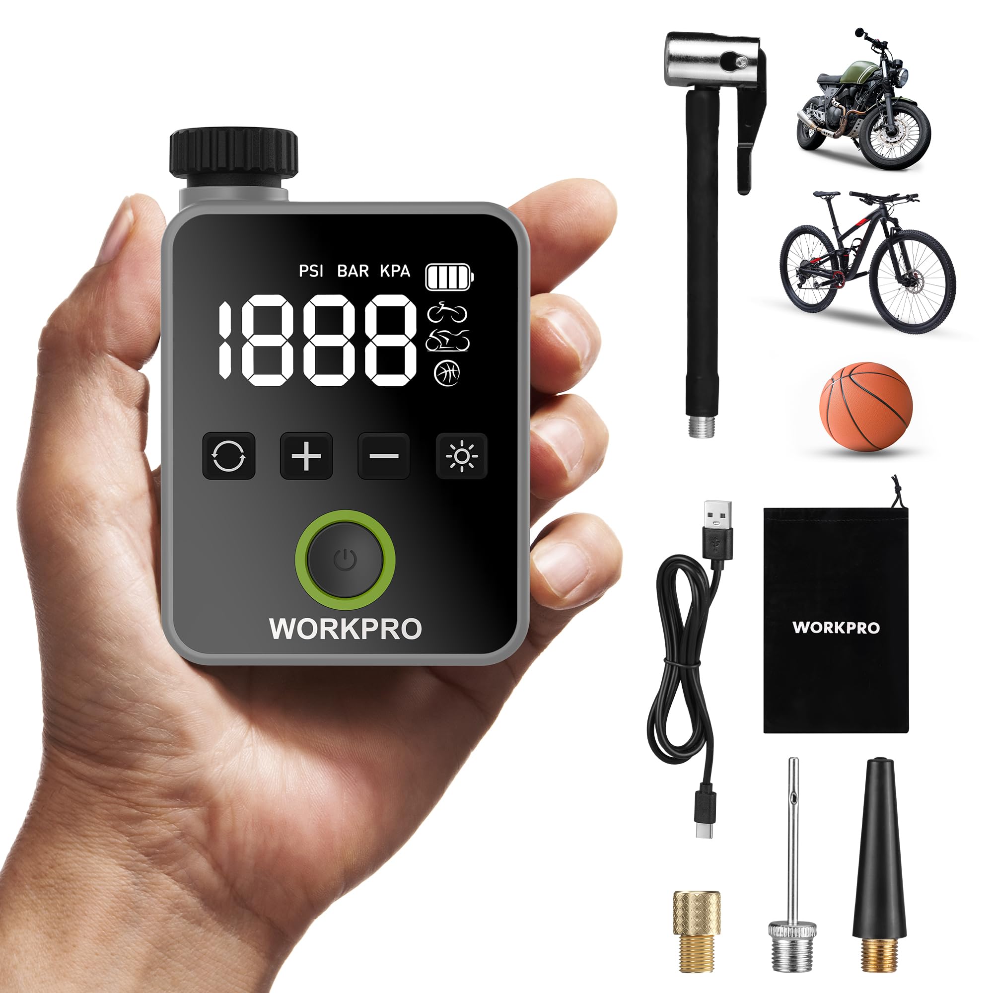 WORKPRO Mini Compressore Portatile 140 PSI, Pompa Elettrica Ricaricabile per Biciclette, Moto e Palloni, con Display LED e Luce Integrata