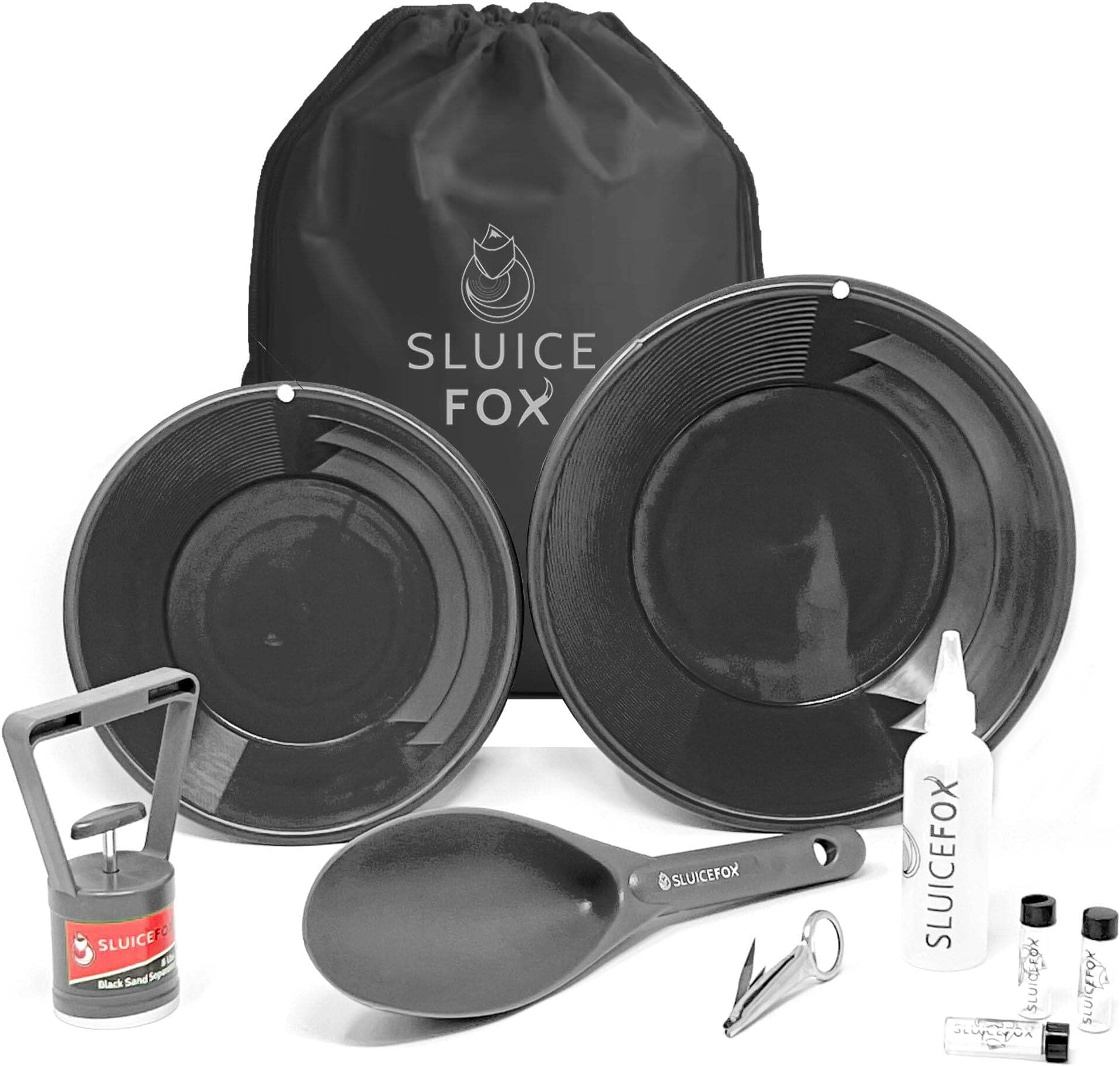 Gold rush panning kit with carry bag; 10-piece prospecting tools for adults and kids. Gold pan accessories; Black sand magnet, plastic gold shovel, snifter bottle, tweezers and gold vials Black