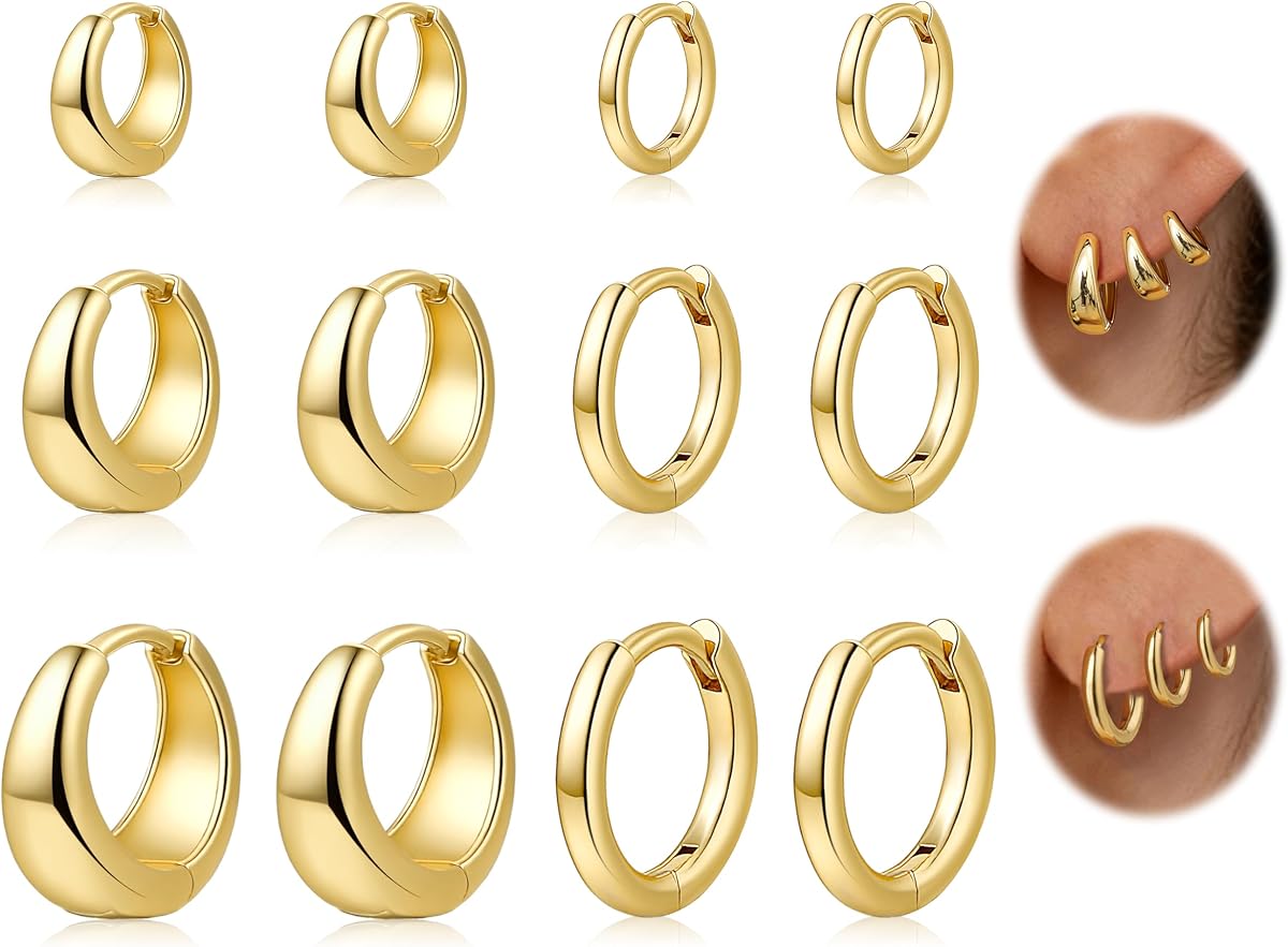6 Pairs Small Gold Huggie Hoop Earrings for Women, 14K Gold Plated Cartilage Piercings Hoop Earrings Hypoallergenic, Trendy Lightweight Chunky Hoops Set for Women Gifts.