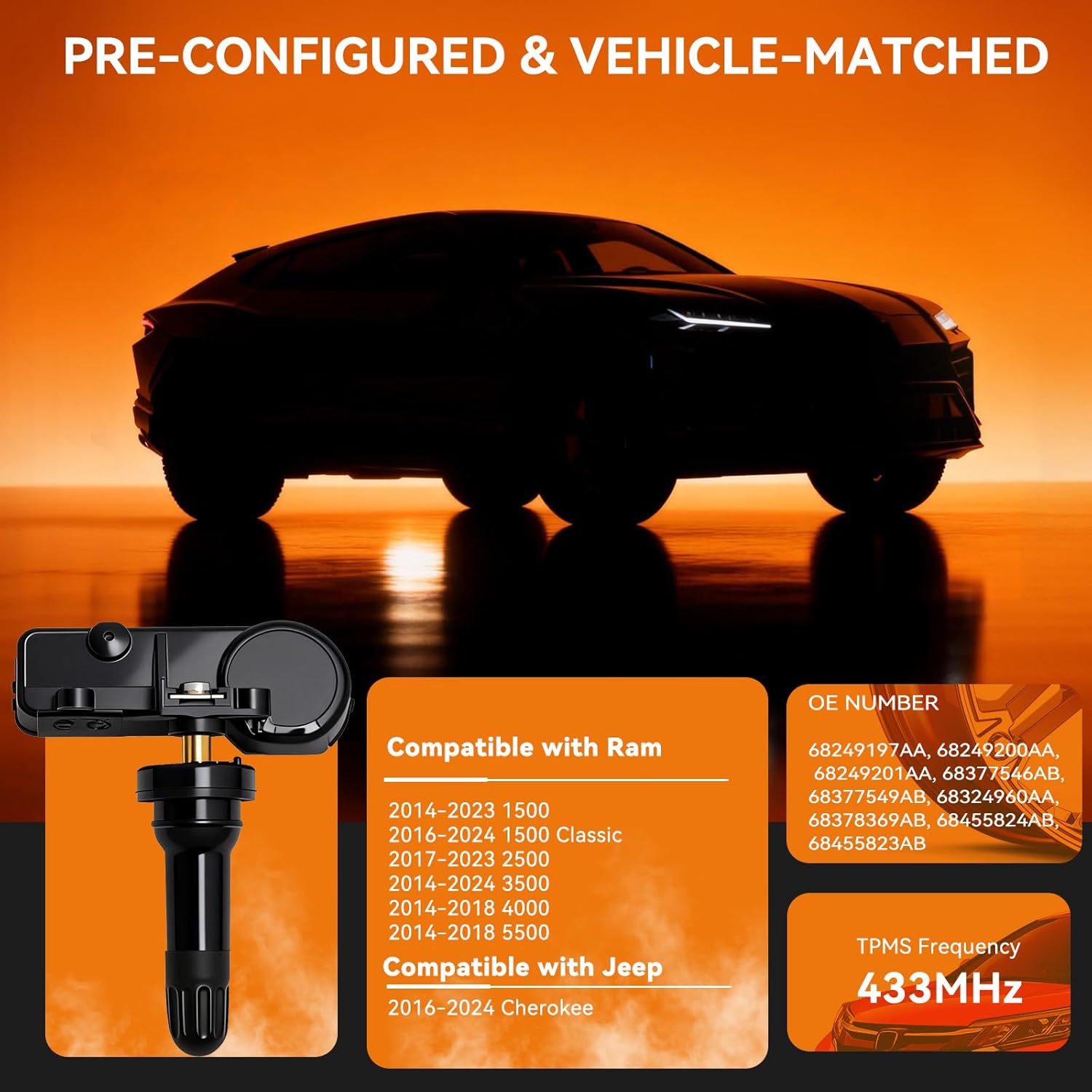 4PCS Pre-Programmed Tire Pressure Monitoring Sensor 433MHz 68249197AA TPMS Fit for Jeep 2016-2024 Cherokee, Fit for Ram 2016-2024 1500 Classic 2017-2023 2500 2014-2024 3500 2014-2018 4000&5500