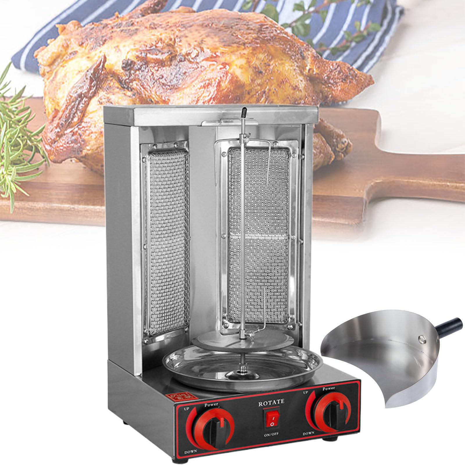 Máquina Parrilla Kebab Vertical a Gas Gyro Rotisserie Horno Asador de Carne 2 Quemadores Cuerpo de Acero Inoxidable para el Hogar Restaurante Cocina,Pan