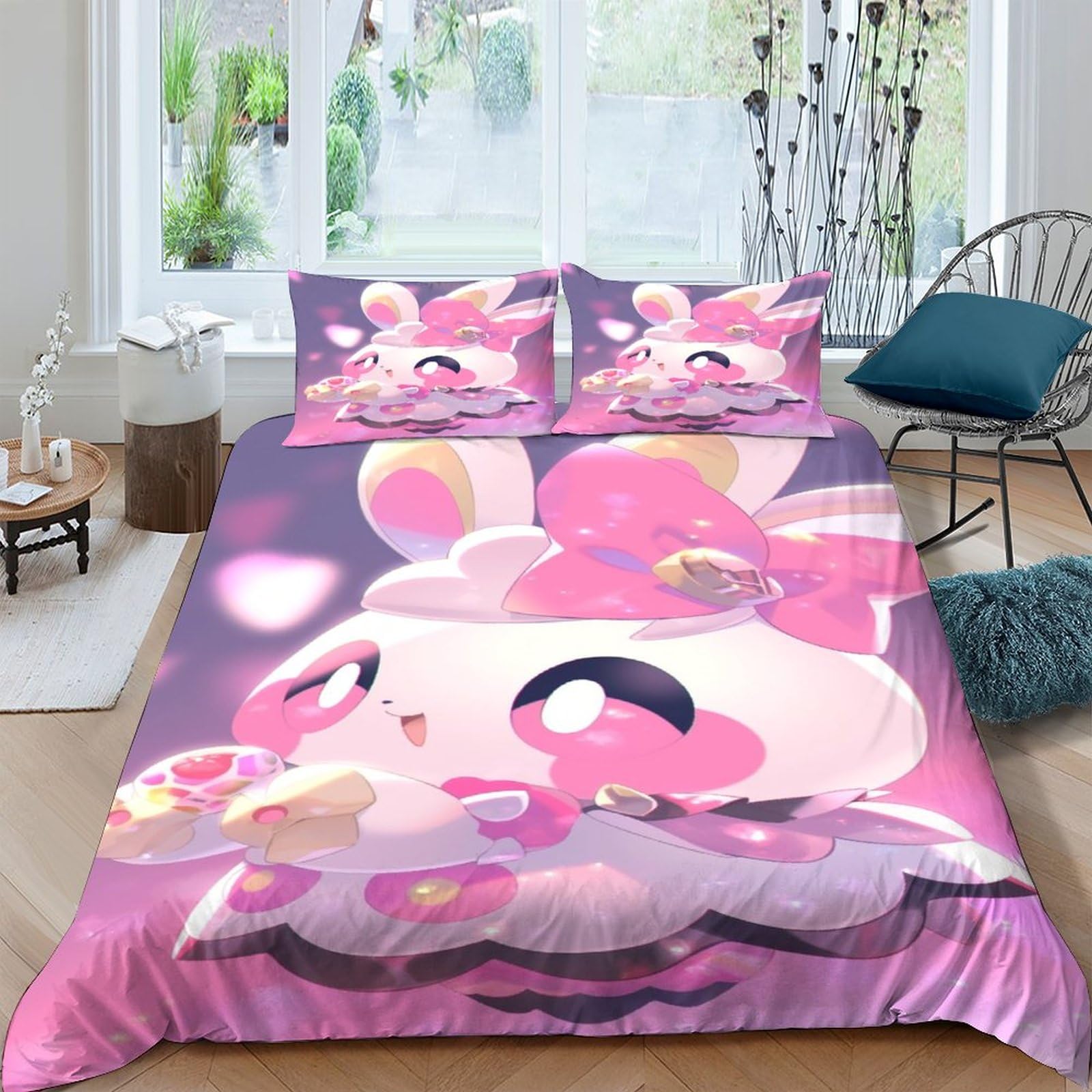 Parure de couette 200x200cm lapin rose et housse de couette multicolore