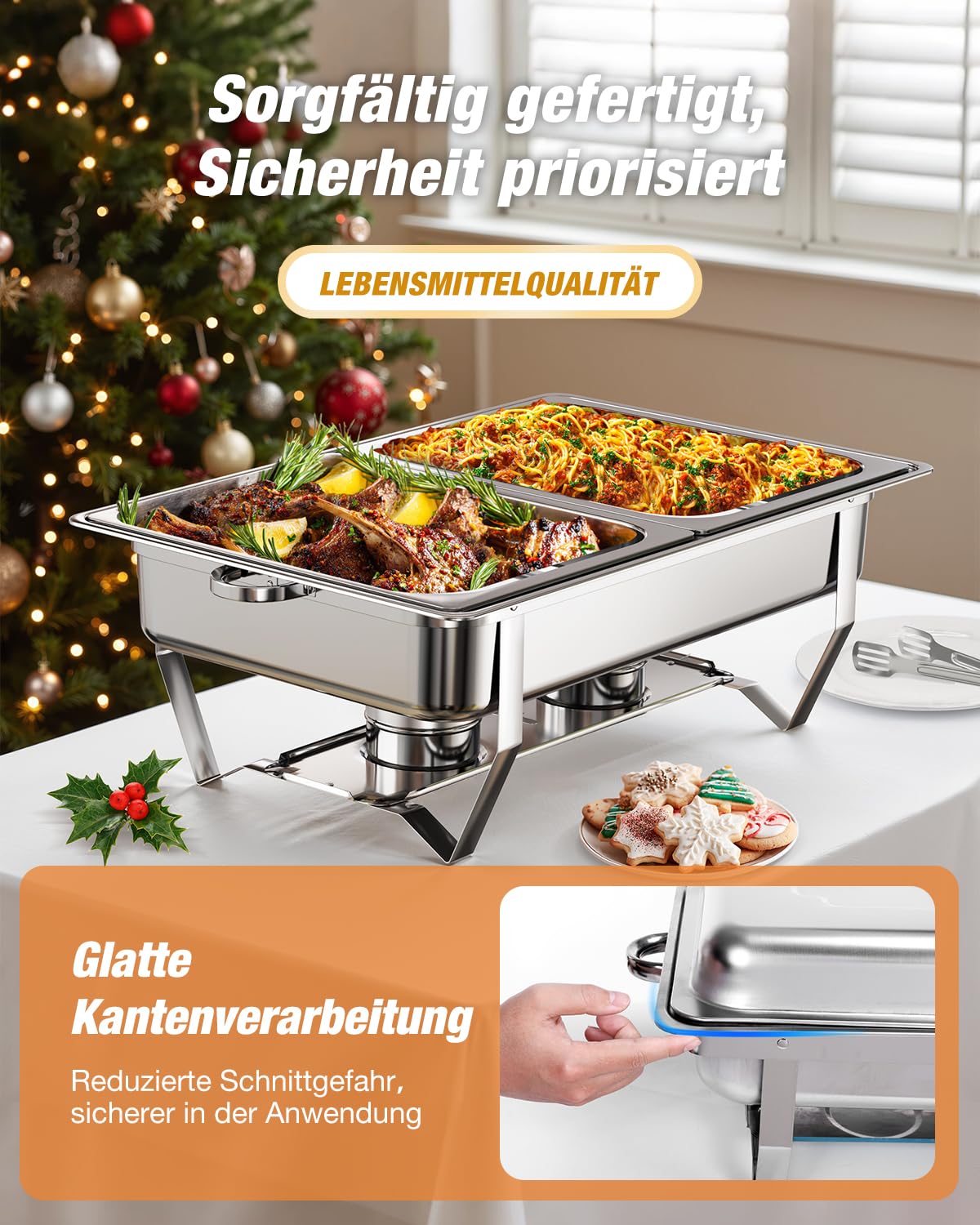 WARMOUNTS Chafing Dish Buffet Set 9L, Edelstahl Speisenwärmer für Catering, Hochglanzpoliert, Klappbarer Rahmen, Halterung, Großes Warmhaltebehälter für Party (4er Set 2x1+2x1/2+3x1/3 Einsätze)