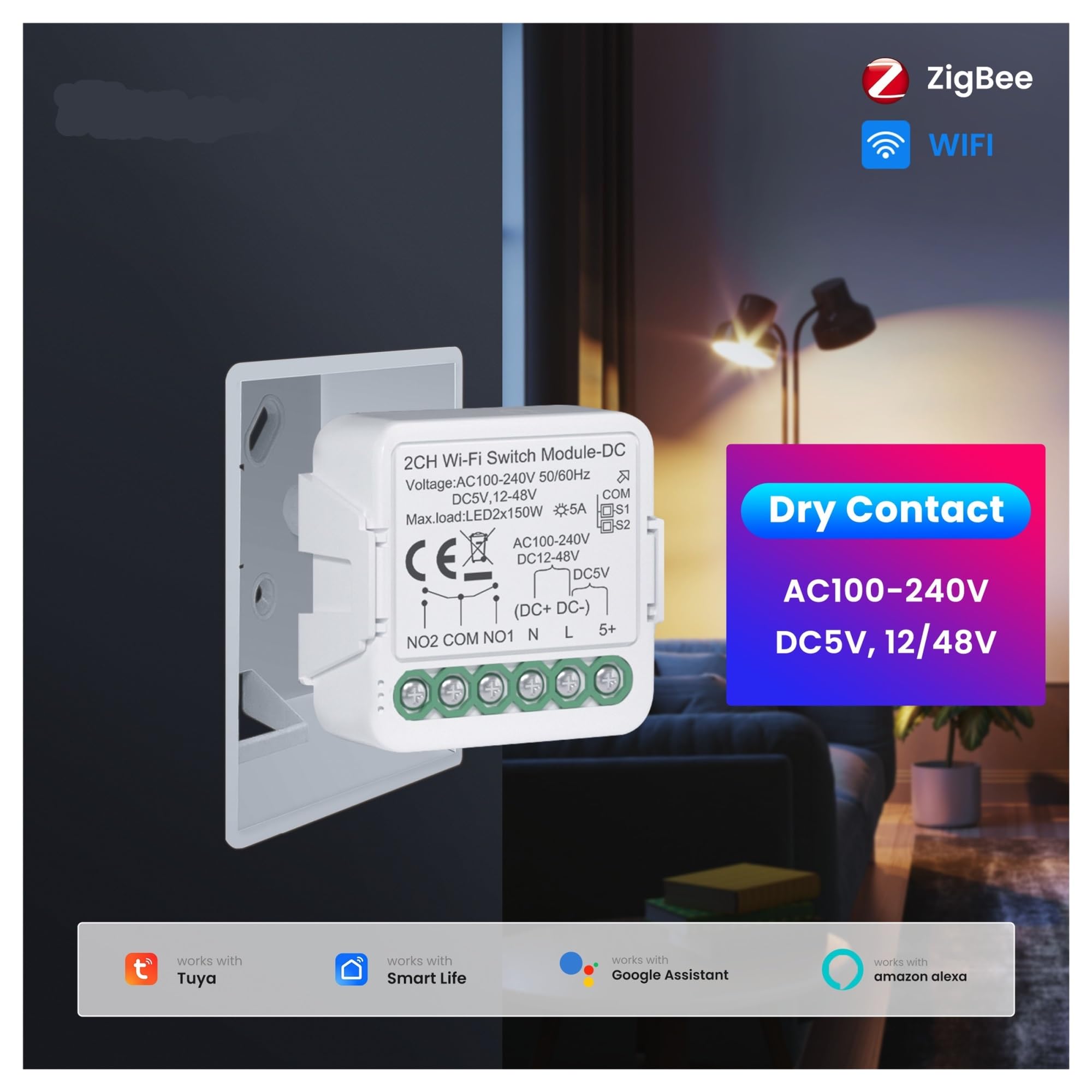 Module de relais à contact sec, commutateur intelligent WiFi AC/DC 1/2 canaux(WiFi 2CH)