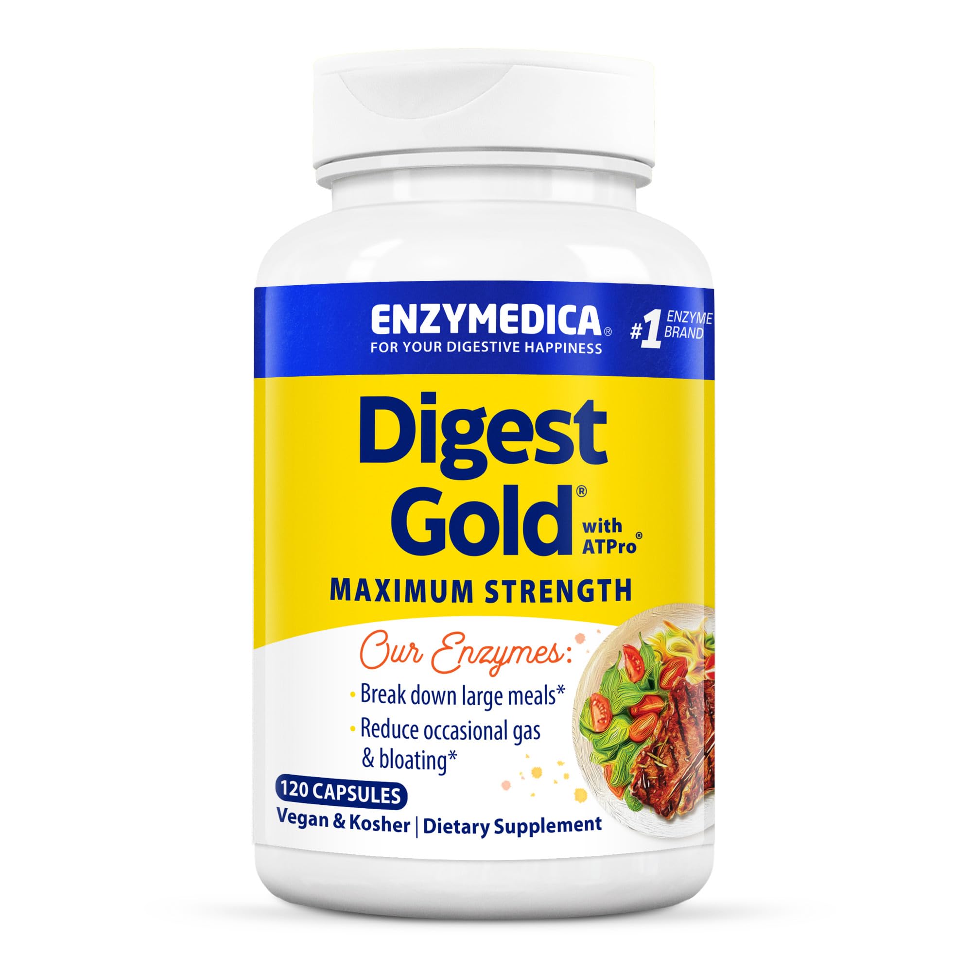 Enzymedica Digest Gold + ATPro, Maximum Strength Enzyme Formula-FFP, Unflavored, Fast-Acting, Helps Digest Large Meals, Prevents Bloating and Gas, 120 Count