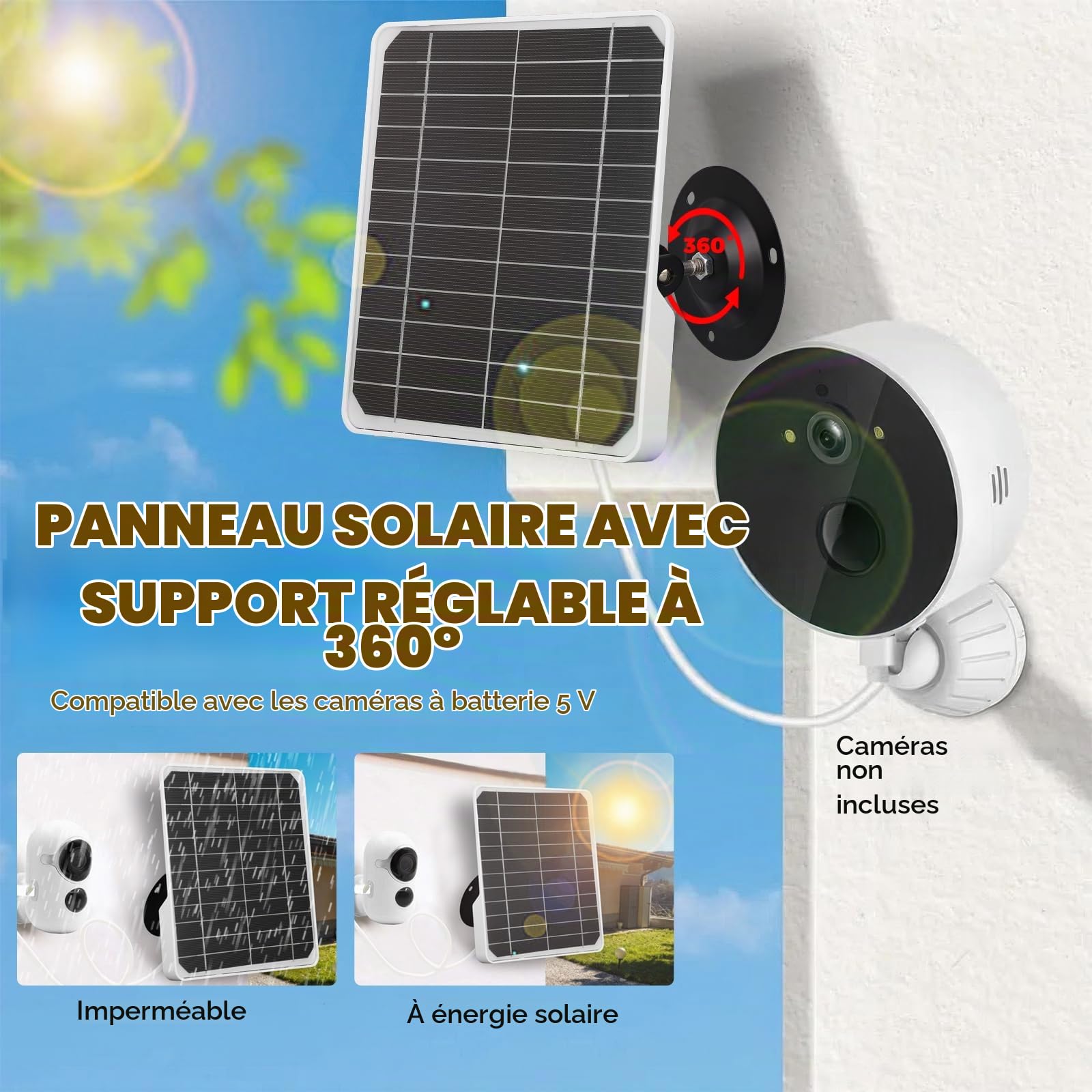 Panneaux Solaires pour Caméras, Panneau Solaire Mural 20 W 5 V Chargeur de Panneau Solaire Monocristallin Panneau Solaire USB pour Caméra avec Câble de de 9,8 Pieds