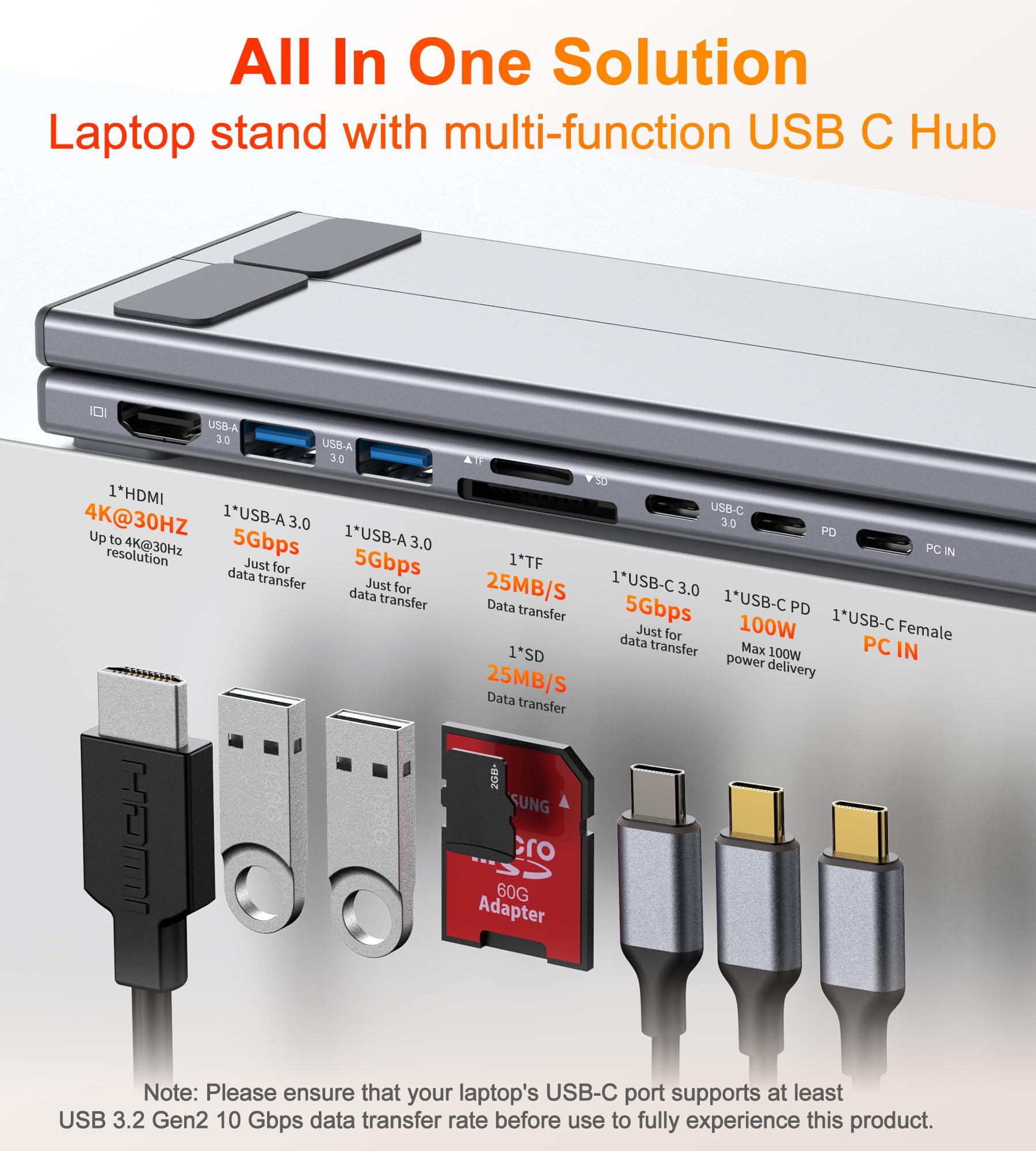 USB C Laptop Dockingstation Ständer,Dock Tablet Ständer, 8 in 1 Hub mit 4K HDMI, 2 USB 3.1, PD 100W, Universal Dockingstation für Mac Pro/Air/Dell/HP/Surface/Lenovo, Plug and Play