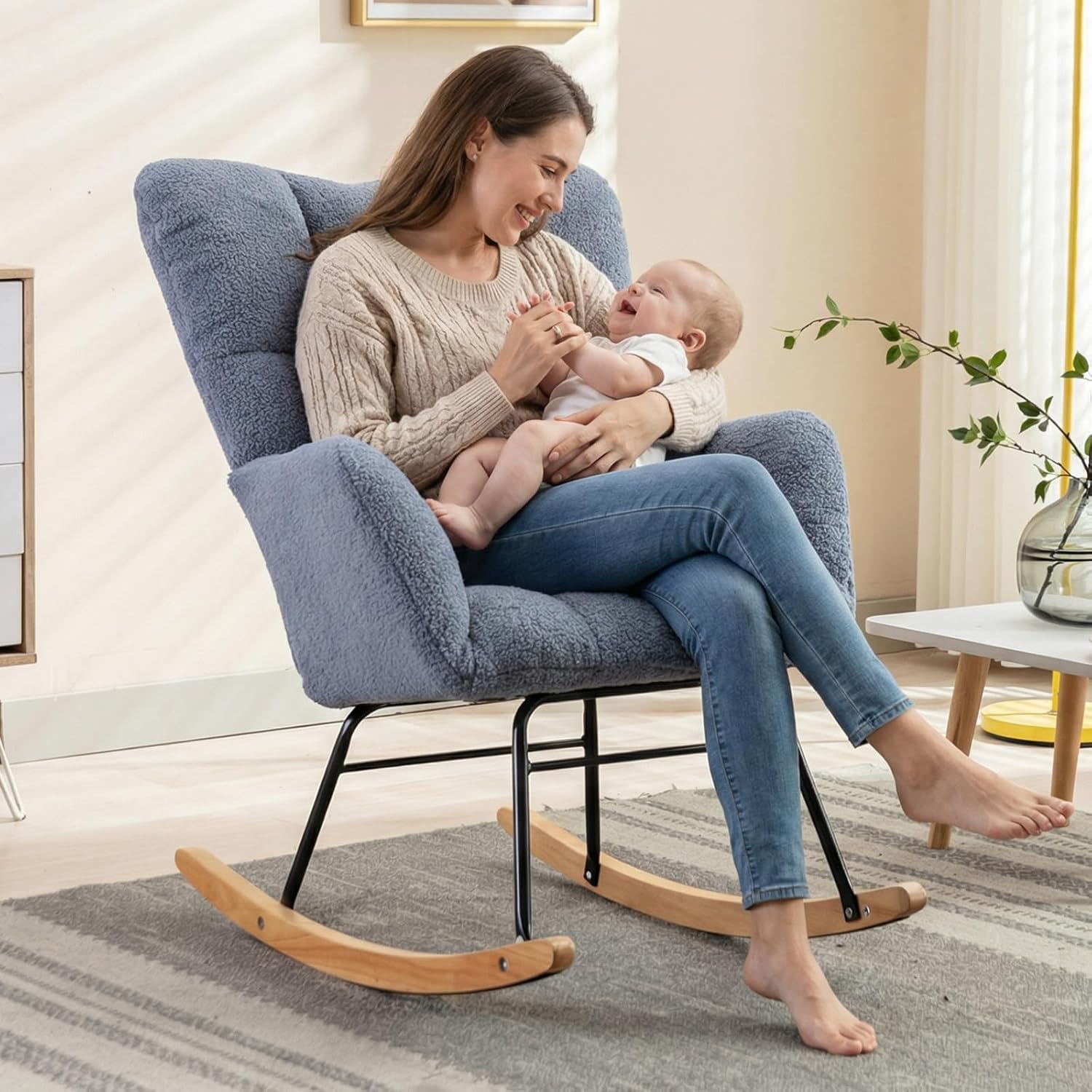 NIOIIKIT Nursery Rocking Chair Teddy Upholstered Glider Rocker Rocking Accent Chair Padded Seat with High Backrest Armchair Comfy Side Chair for Living Room Bedroom Offices (Light Blue)