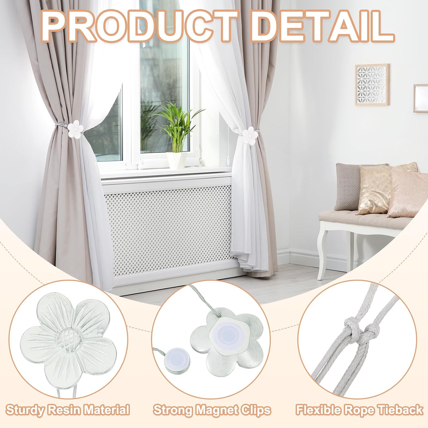 PATIKIL Magnetic Curtain Tiebacks, 4 Pack Resin Flower Drapery Holdbacks, Vintage Curtain Holdbacks Rope, Magnetic Window Drapery Decorative for Home, Cafe, Office, Gray image 3