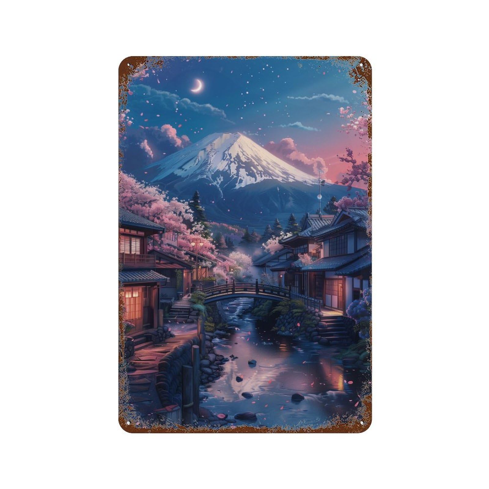 Distressed Metal Wall Sign with Cherry Blossom Village with Mountain View Design 11.8"x7.9", for Cafe, Home Bar And Lounge Decor, Retro Wall Decor