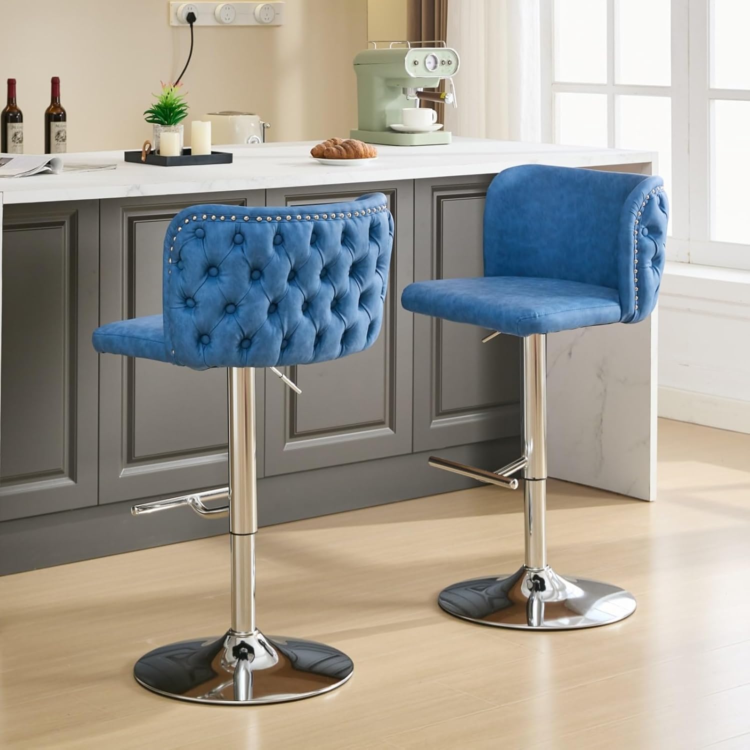 Adjustable Height Bar Stools Set of 2, Swivel Barstools with Button Tufted Backrest and Chrome Metal Base,PU Leather Upholstered Kitchen Island Chairs for Pub, and Counter(Blue,2 PCS)