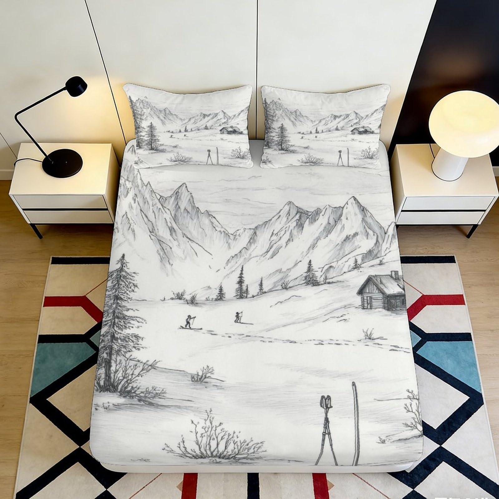 3D Printed Mountain Landscape Fitted Sheet Microfiber Soft Nordic Cabin Mattress Cover for Bedroom Guest Room Decor 200x200x25cm