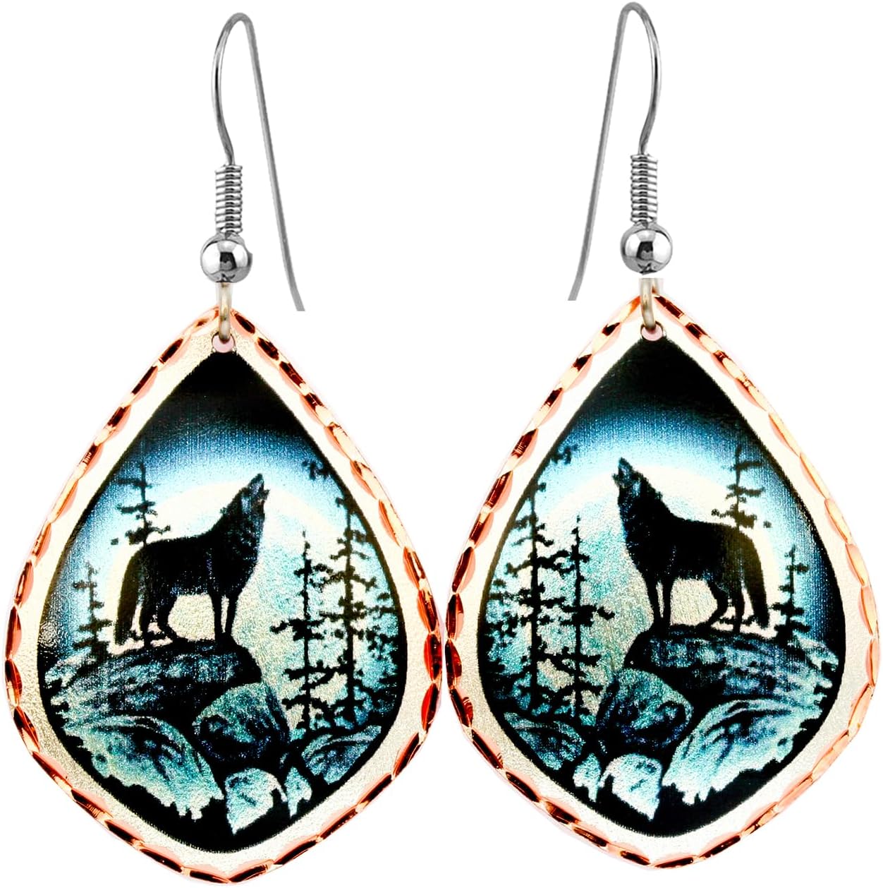 FRONT LINE JEWELRY Wolf and Moon Earrings – Artisan-Crafted Copper Earrings Featuring Howling Wolf Design – Northern Lights Wolf Jewelry – Unique Wolf Gift for Her