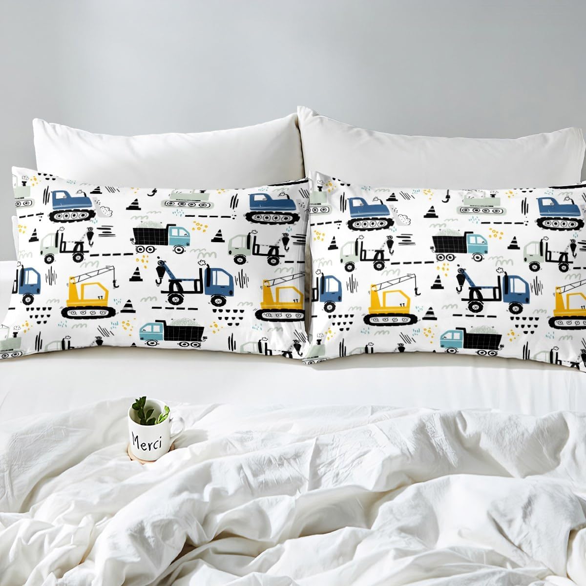 Construction Truck Bed Sheets Full,Cartoon Tractor Fitted Sheet Excavator Bed Set,Cute Vehicle Toddler Bedding Set Kawaii Room Decor,Teal Blue