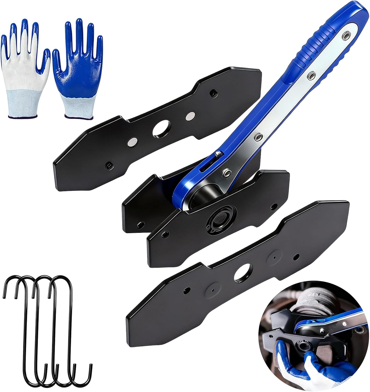 BURMONG Brake Caliper Compression Tool with 360° Ratchet - Caliper Piston Spreader, Piston Press, Large Brake Tools with 2 Plates, 4 Hangers, Gloves for Car, Truck, SUV Disc Brake Repair