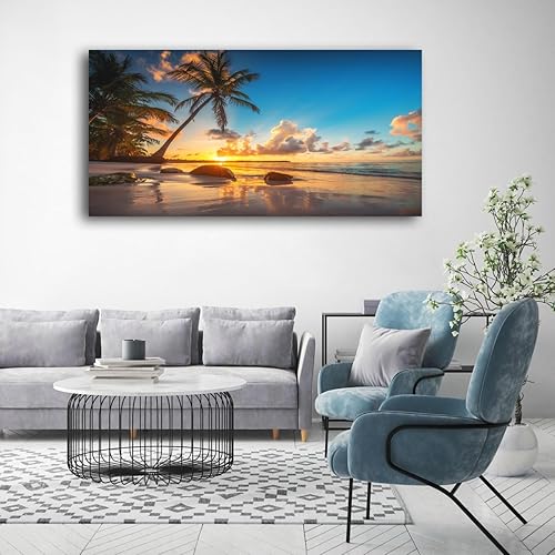 Miniatura 2 de Aibonnly Lienzo decorativo para pared, diseño de atardecer en una playa tropical con palmeras, 1 pieza, cielo azul, océano, vista al mar, póster
