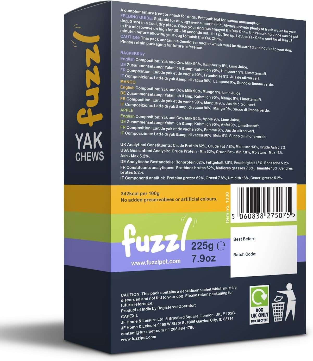 Fuzzl Raspberry, Mango, Apple Yak Chews for Dogs Box 3 225g | Natural Himalayan Yak Cheese Treats | Long-Lasting, Grain-Free, Antioxidant & Vitamin-Rich Dental Chews