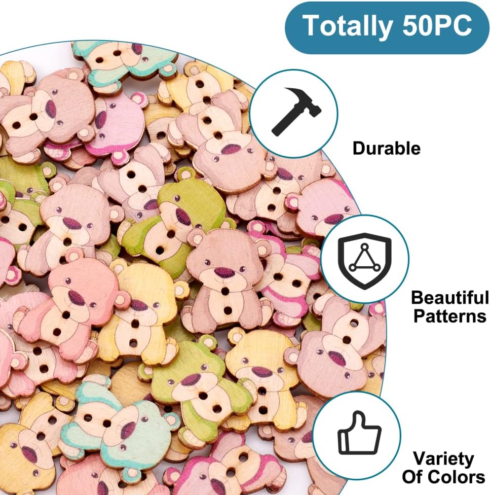 50pcs Printed Wooden Bear Buttons Mixed Colors 2 Holes Cute Bear Decorative Wooden Buttons 27.5x23.5mm for DIY Sewing Handmade Ornament Clothing Jewelry Crafts Making Hole: 2mm
