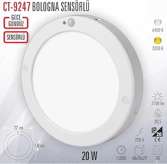Cata CT-9247B 20W Sıva Üstü Sensörlü LED Armatür - Hareket Sensörlü Tavan Lambası, Enerji Tasarruflu Koridor ve Merdiven Aydınlatması - 6400K BEYAZ [Enerji Sınıfı F]
