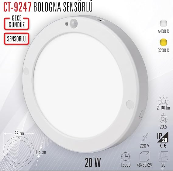 Cata CT-9247B 20W Sıva Üstü Sensörlü LED Armatür - Hareket Sensörlü Tavan Lambası, Enerji Tasarruflu Koridor ve Merdiven Aydınlatması - 6400K BEYAZ [Enerji Sınıfı F]