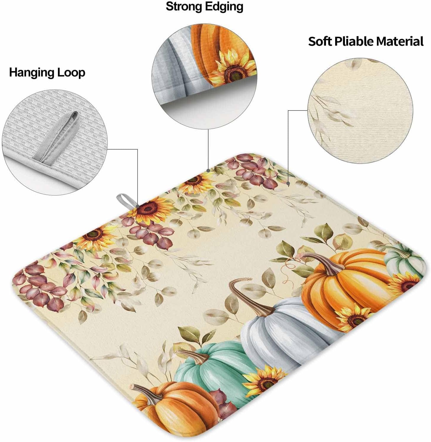 Thanksgiving Maple Leaf Dish Drying Mat for Kitchen Counter, Fall Pumpkin Eucalyptus Leaves Botanical Baby Bottle Microfiber Drying Pad, Absorbent Coffee Cup Dishes Drainer Mats 18''x24''