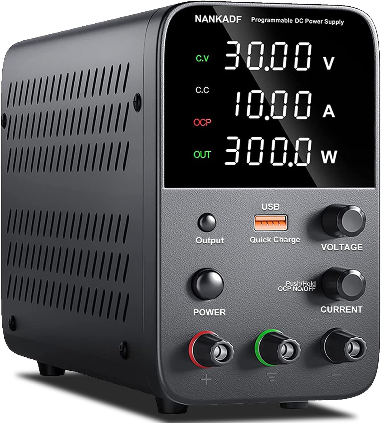 DC Power Supply Variable, Bench Power Supply with Encoder Adjustment Knob, Output Enable/Disable Button, Adjustable Power Supplies with USB Quick-Charge, Short Circuit Alam (30V 10A Black)