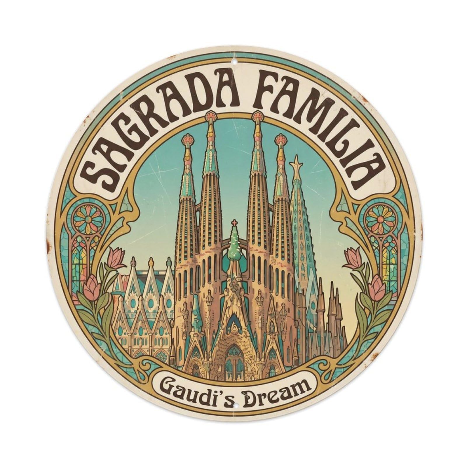 Vintage Travel Sagrada Familia Barcelona 2 Metal Tin Sign Plaque Wall Decor for Cafe, Club, Garden Round Metal Poster 8x8Inch