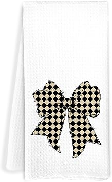 Beige and Black Checkered Bow Kitchen Towels, Boho Neutral Checkerboard Bowknot Decorative Hand Tea Towels for Bathroom, Preppy Girly Dish Towel Dishcloth, 16x24 Inch