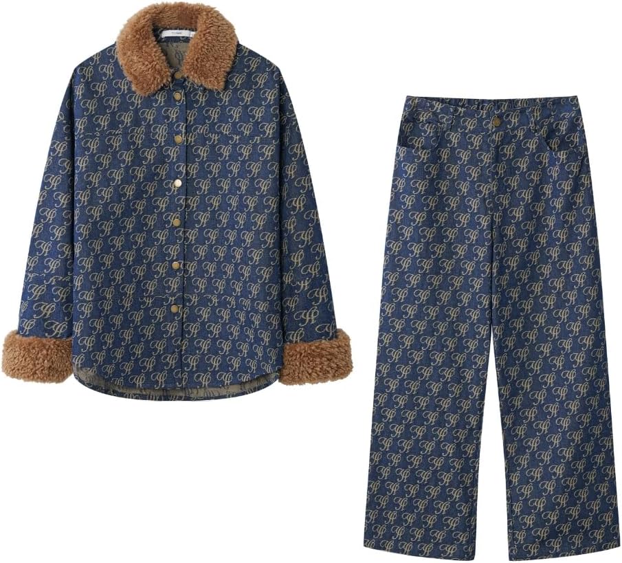 YUSHE 2 Piece Denim Outfit for Women | Button Down Shirt & Pant Set with Detachable Faux Fur | Cotton Rich Winter Set