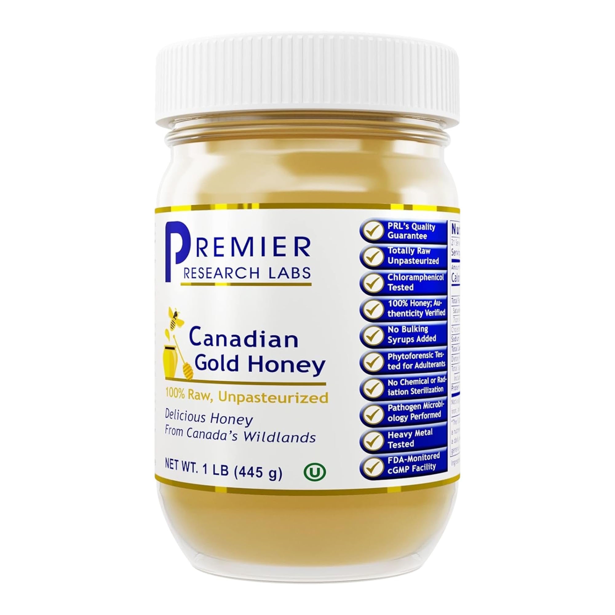 Premier Research Labs Canadian Gold Honey - Raw Honey, Pure Honey, Raw Unpasteurized Honey, Unfiltered, 100% Pure, Sugar-Free, Unprocessed Wildflower