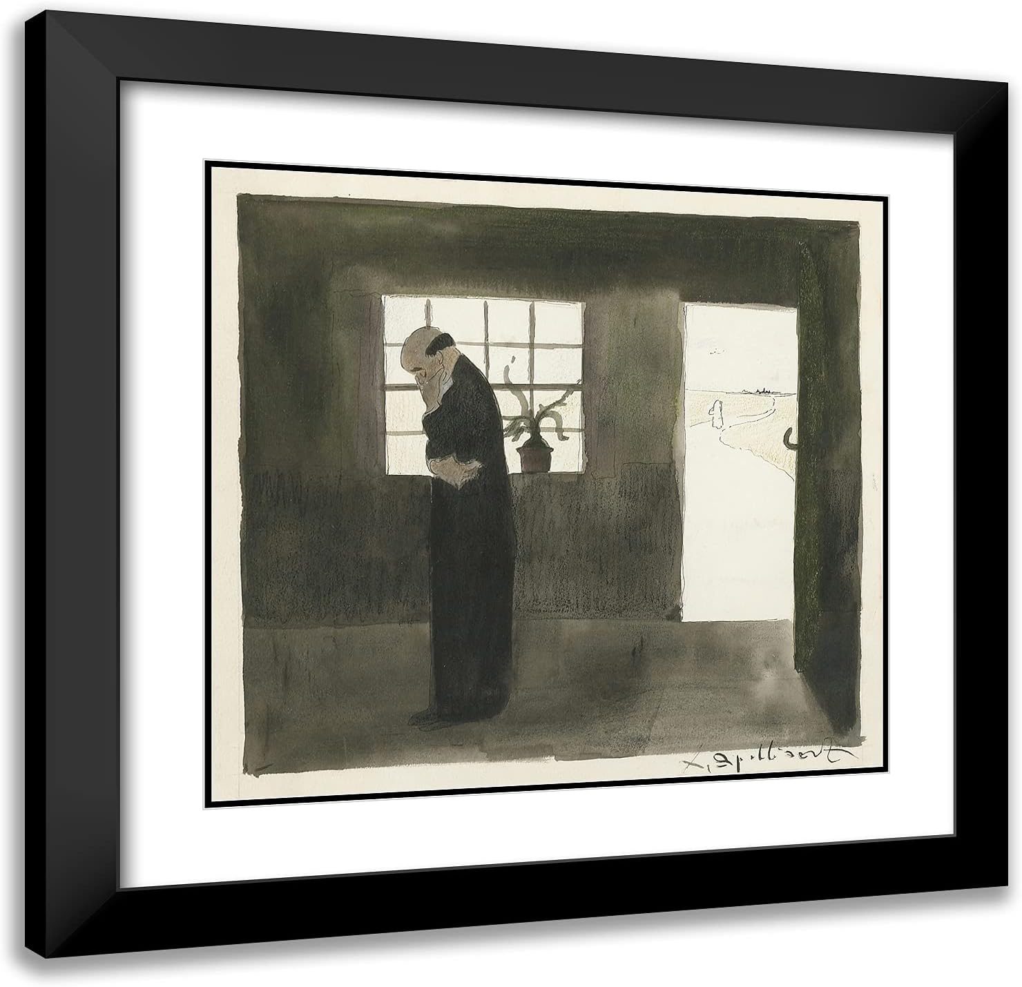 ArtDirect Spilliaert, Leon 21x20 Gold Ornate Framed Art Print with Double Matting Titled: The Meditation