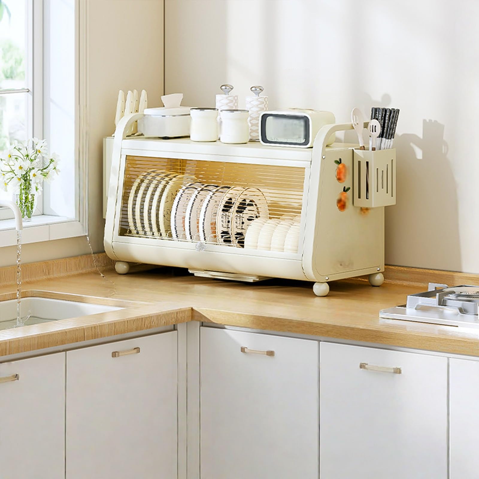 Escurridor de platos de 2 niveles con organizador de cocina y bandeja