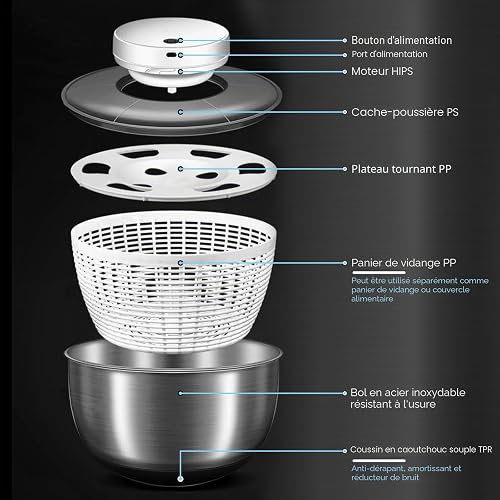 Essoreuse à salade, en acier inoxydable, 4,5 l, avec essorage automatique | fond antidérapant et rechargeable par USB, séchoir à fruits/légumes avec couvercle, grande salade spinner pour salade - 4