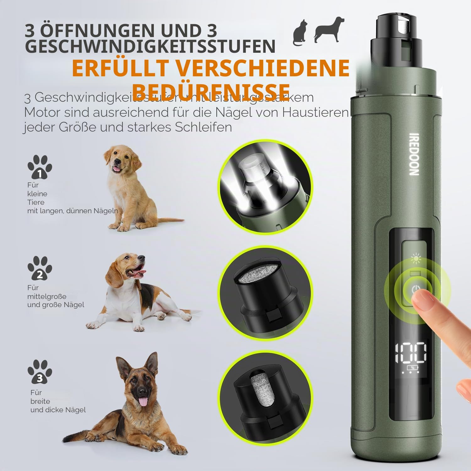 IREDOON Profi Krallenschleifer für Hunde 3-Gang Mit 4 LED-Leuchten – Neuester Krallenschleifer Mit Leistungsanzeige für Haustiere, Superleise, Wiederaufladbare für Große, Mittelgroße und Kleine Hunde