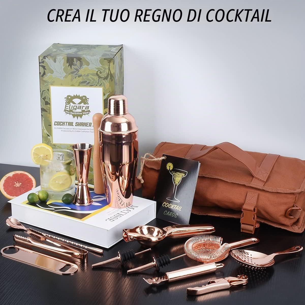 Borsa kit da barista viaggiatore, set di attrezzi da bar professionale con 17 pezzi, set da bar portatile in tela cerata con tracolla per servizio al bar, feste, viaggi in campeggio