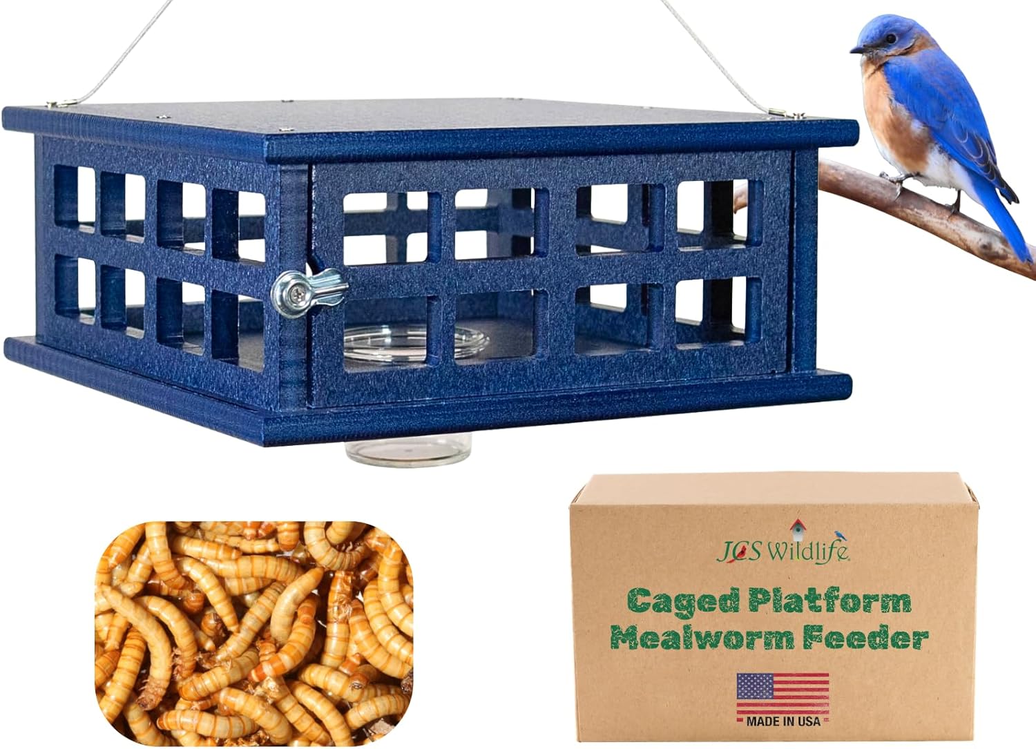 JCs Wildlife Recycled Poly Lumber Caged Platform Bluebird Feeder (Blue)